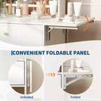 Coiffeuse compacte avec miroir LED intelligent, prises intégrées - Plateau pliable - Chaise de rangement et étagères ouvertes - Idéale pour chambre à coucher
