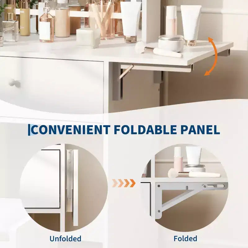 Coiffeuse compacte avec miroir LED intelligent, prises intégrées - Plateau pliable - Chaise de rangement et étagères ouvertes - Idéale pour chambre à coucher