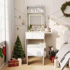 Coiffeuse compacte avec miroir LED intelligent, prises intégrées - Plateau pliable - Chaise de rangement et étagères ouvertes - Idéale pour chambre à coucher