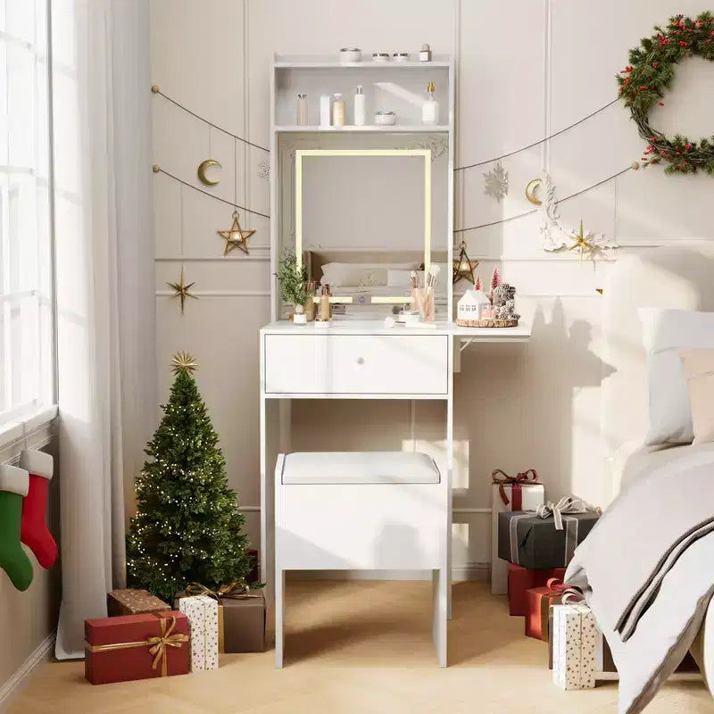 Coiffeuse compacte avec miroir LED intelligent, prises intégrées - Plateau pliable - Chaise de rangement et étagères ouvertes - Idéale pour chambre à coucher