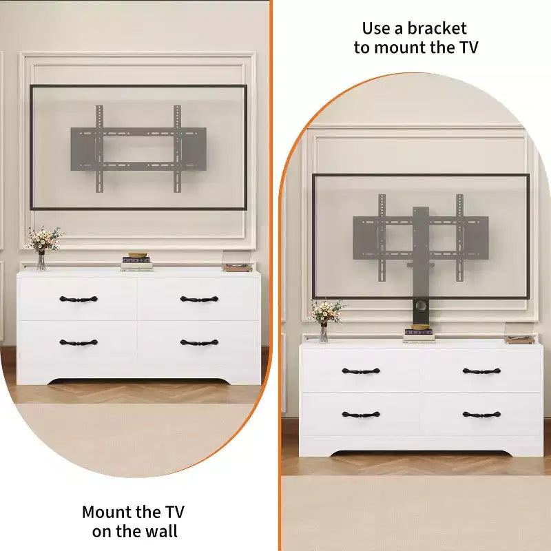 Meuble TV avec support pour téléviseurs de 32 à 75 pouces, console multimédia moderne avec 4 grands tiroirs, meuble de rangement blanc avec espace de rangement