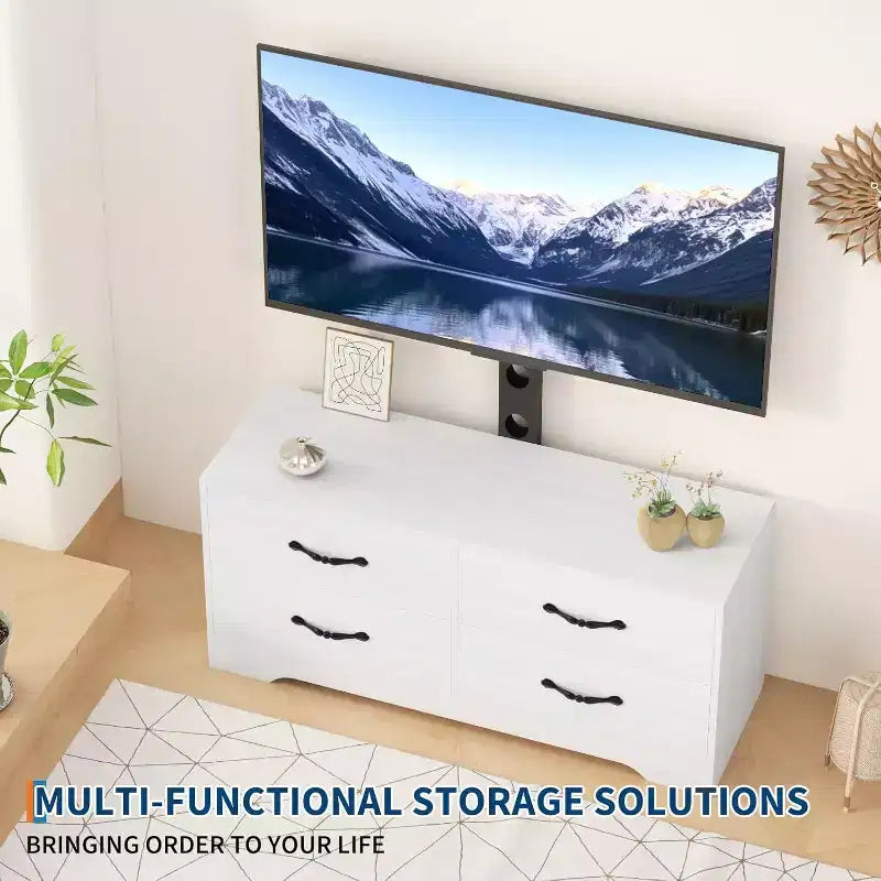 Meuble TV avec support pour téléviseurs de 32 à 75 pouces, console multimédia moderne avec 4 grands tiroirs, meuble de rangement blanc avec espace de rangement