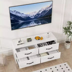 Meuble TV avec support pour téléviseurs de 32 à 75 pouces, console multimédia moderne avec 4 grands tiroirs, meuble de rangement blanc avec espace de rangement