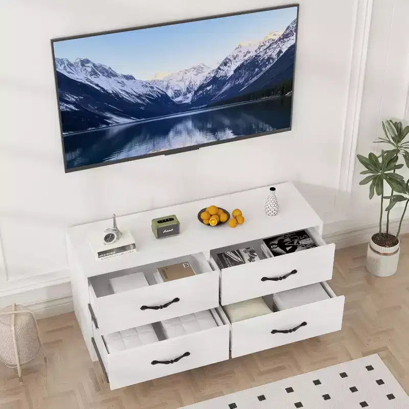 Meuble TV avec support pour téléviseurs de 32 à 75 pouces, console multimédia moderne avec 4 grands tiroirs, meuble de rangement blanc avec espace de rangement