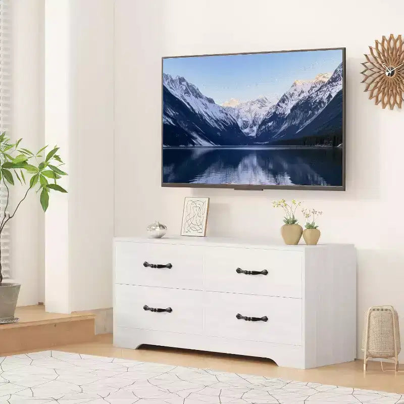 Meuble TV avec support pour téléviseurs de 32 à 75 pouces, console multimédia moderne avec 4 grands tiroirs, meuble de rangement blanc avec espace de rangement