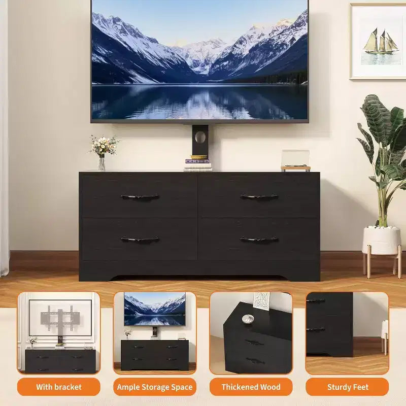 Meuble TV avec support pour téléviseurs de 32 à 75 pouces, console multimédia moderne avec 4 grands tiroirs, meuble de rangement blanc avec espace de rangement