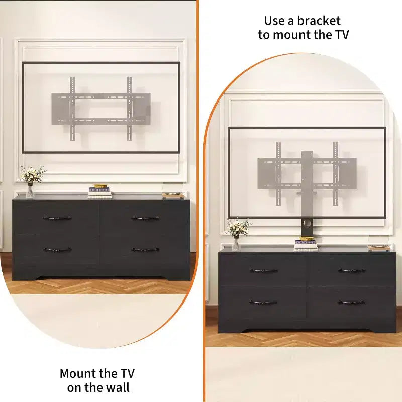 Meuble TV avec support pour téléviseurs de 32 à 75 pouces, console multimédia moderne avec 4 grands tiroirs, meuble de rangement blanc avec espace de rangement