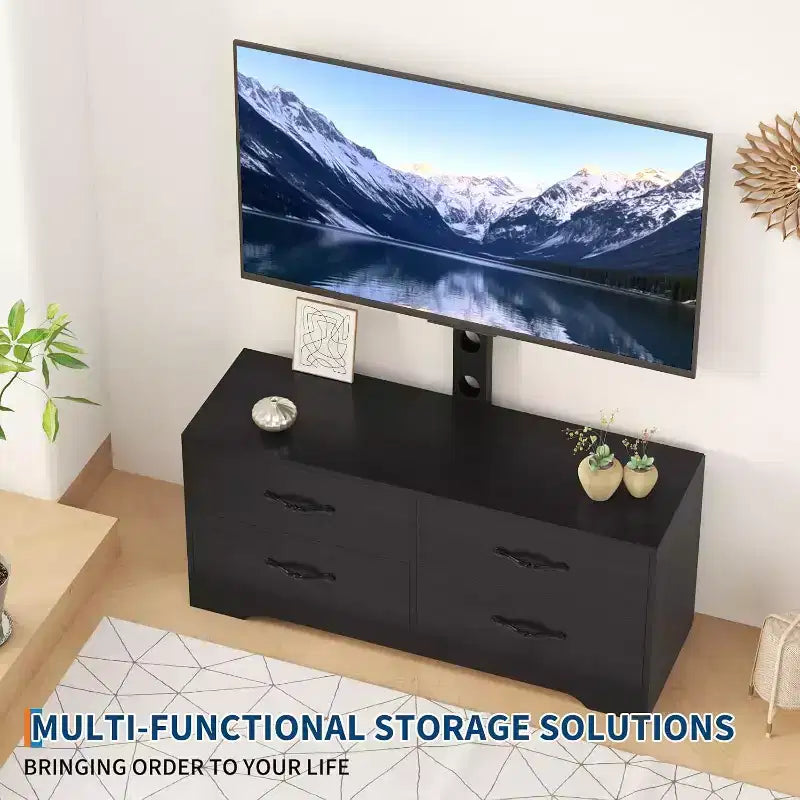 Meuble TV avec support pour téléviseurs de 32 à 75 pouces, console multimédia moderne avec 4 grands tiroirs, meuble de rangement blanc avec espace de rangement