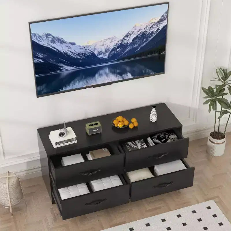 Meuble TV avec support pour téléviseurs de 32 à 75 pouces, console multimédia moderne avec 4 grands tiroirs, meuble de rangement blanc avec espace de rangement