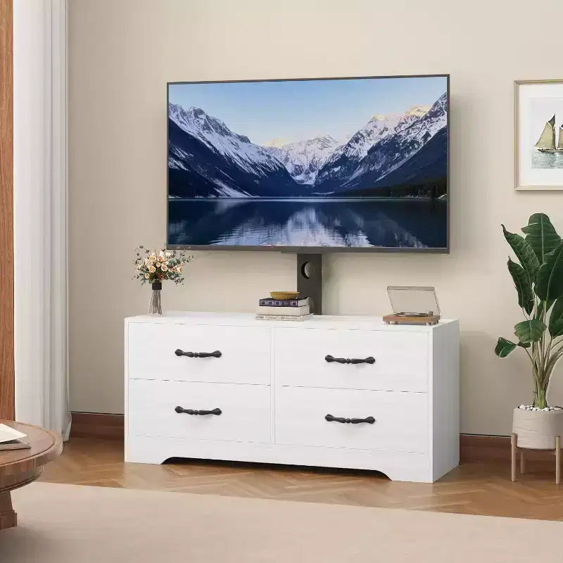 Meuble TV avec support pour téléviseurs de 32 à 75 pouces, console multimédia moderne avec 4 grands tiroirs, meuble de rangement blanc avec espace de rangement