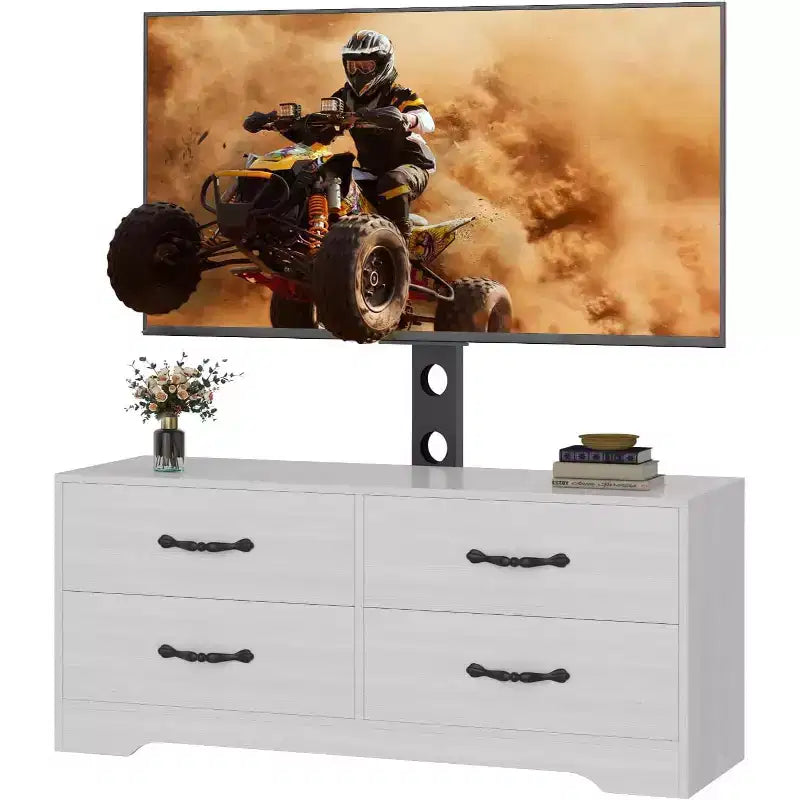 Meuble TV avec support pour téléviseurs de 32 à 75 pouces, console multimédia moderne avec 4 grands tiroirs, meuble de rangement blanc avec espace de rangement