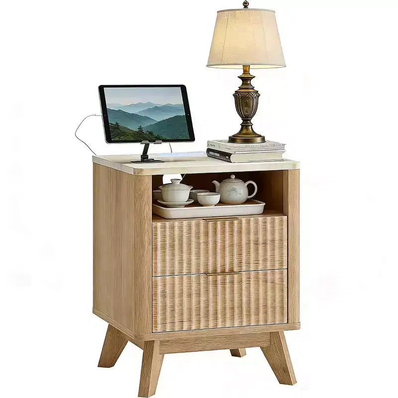 Modern Nightstand with Charging Station | 18 Small Bedside Table with Faux Marble Top & 2 Drawers | Oak Finish Bedroom, Living Room Night Stand