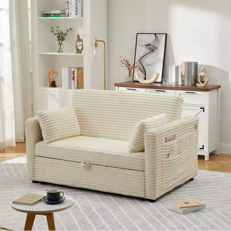 Canapé-lit extensible 55 po, canapé-lit réversible rembourré, causeuse en velours côtelé à assise profonde avec poches latérales pour salon, appartement