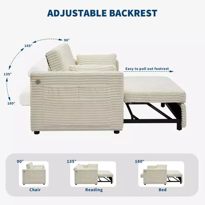 Canapé-lit extensible 55 po, canapé-lit réversible rembourré, causeuse en velours côtelé à assise profonde avec poches latérales pour salon, appartement
