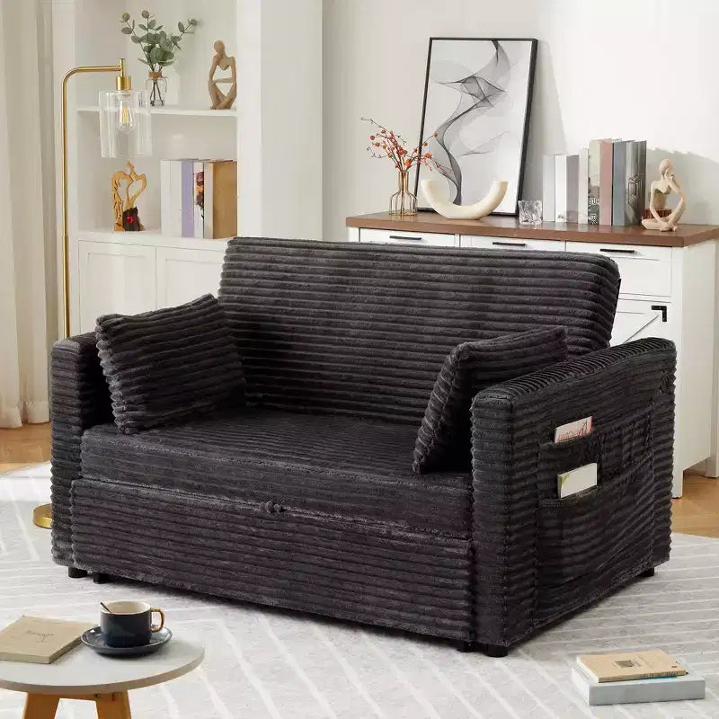 Canapé-lit extensible 55 po, canapé-lit réversible rembourré, causeuse en velours côtelé à assise profonde avec poches latérales pour salon, appartement