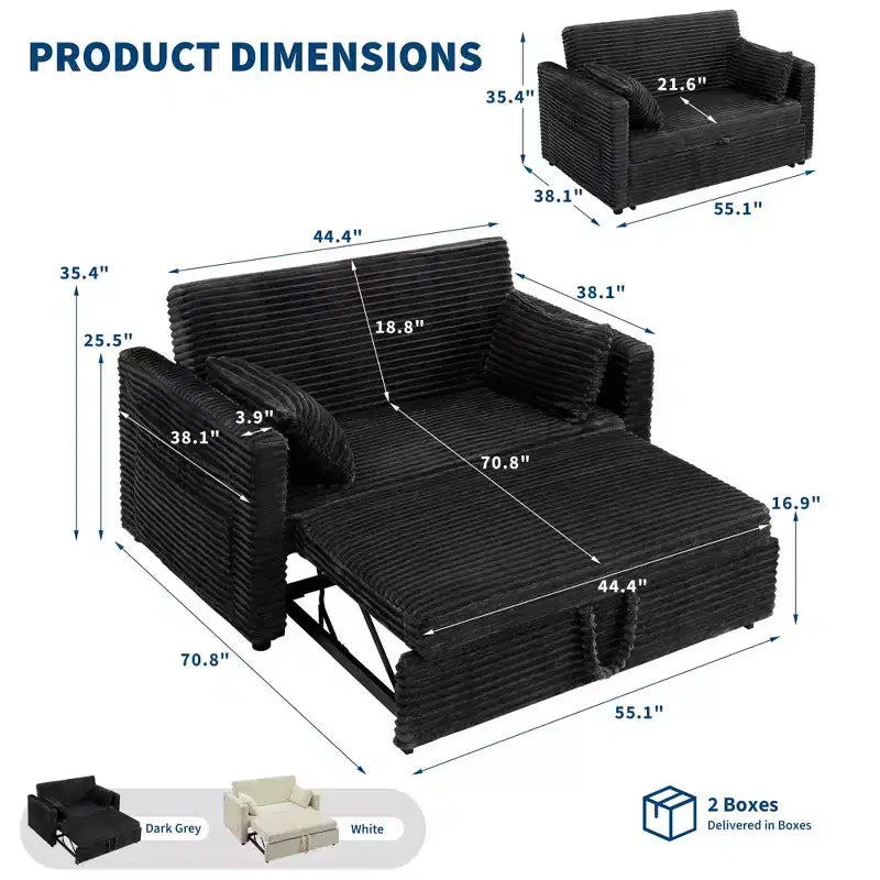 Canapé-lit extensible 55 po, canapé-lit réversible rembourré, causeuse en velours côtelé à assise profonde avec poches latérales pour salon, appartement