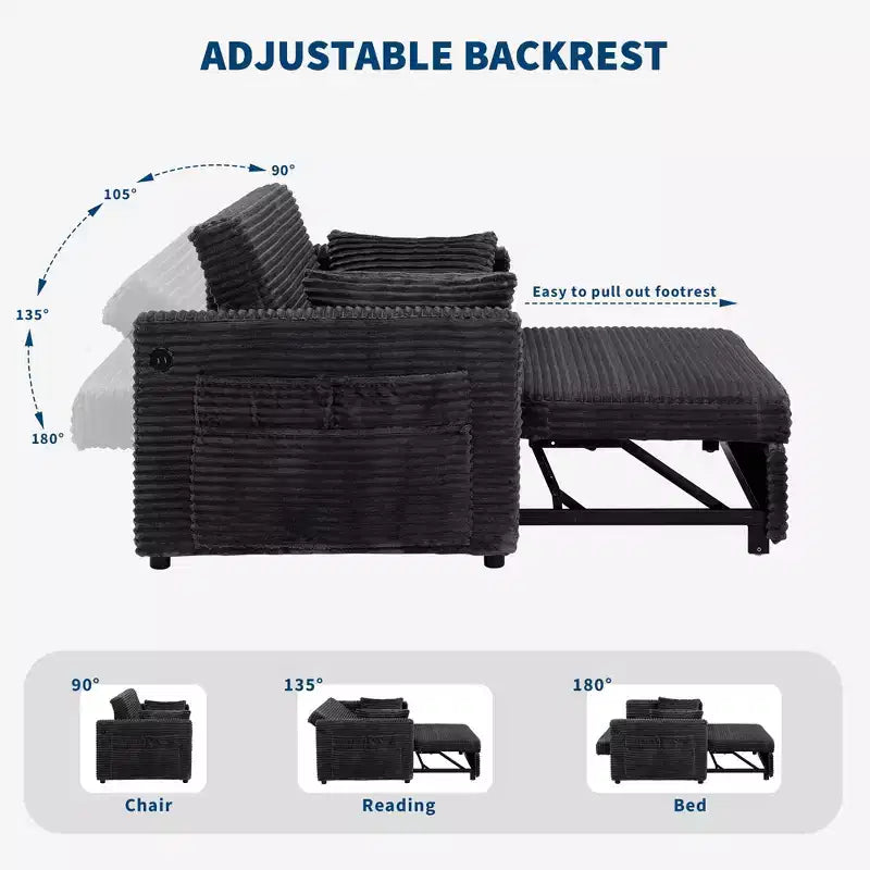 Canapé-lit extensible 55 po, canapé-lit réversible rembourré, causeuse en velours côtelé à assise profonde avec poches latérales pour salon, appartement