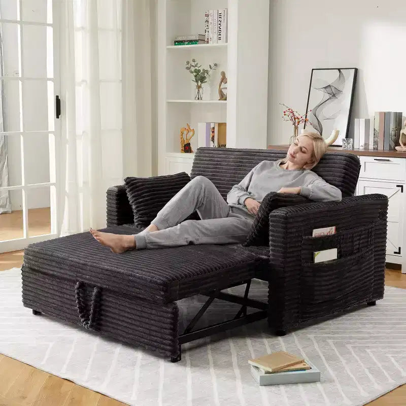 55 Pull-Out Sofa Bed, Upholstered Reversible Sleeper Sofa Bed, Deep Seat Corduroy Loveseat Sofa with Side Pockets for Living Room Apartment