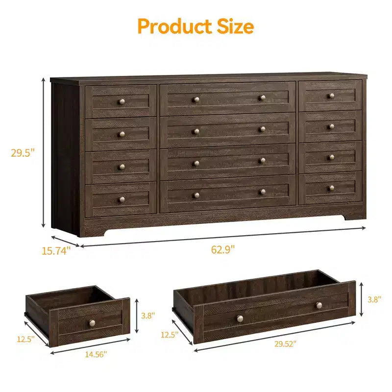 Commodes en bois durables à 12 tiroirs, commode moderne pour chambre à coucher, salon ou couloir, meuble TV de 63 W pour téléviseurs jusqu'à 65 pouces
