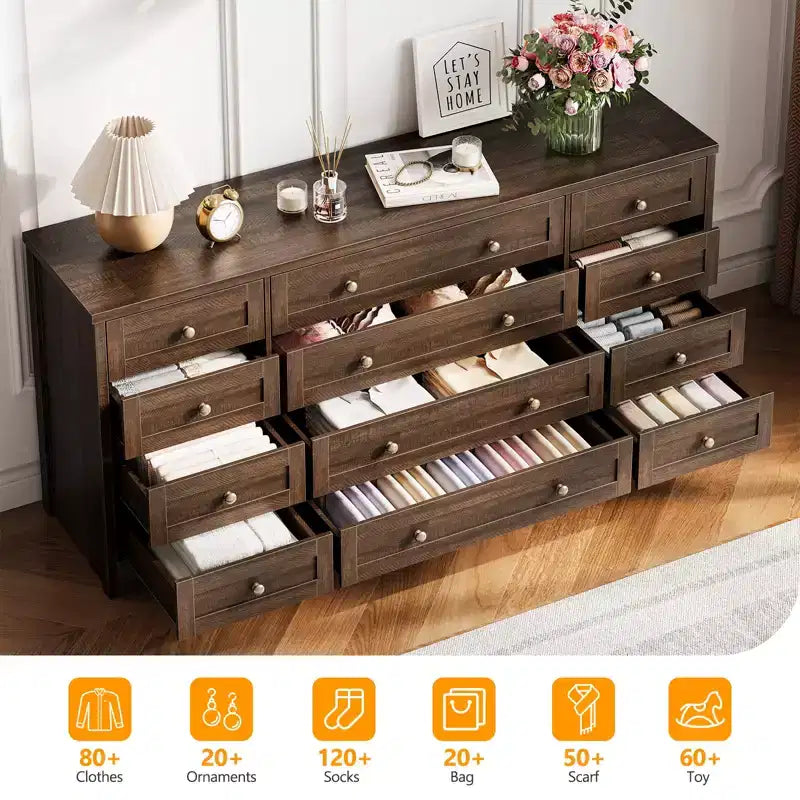 Commodes en bois durables à 12 tiroirs, commode moderne pour chambre à coucher, salon ou couloir, meuble TV de 63 W pour téléviseurs jusqu'à 65 pouces