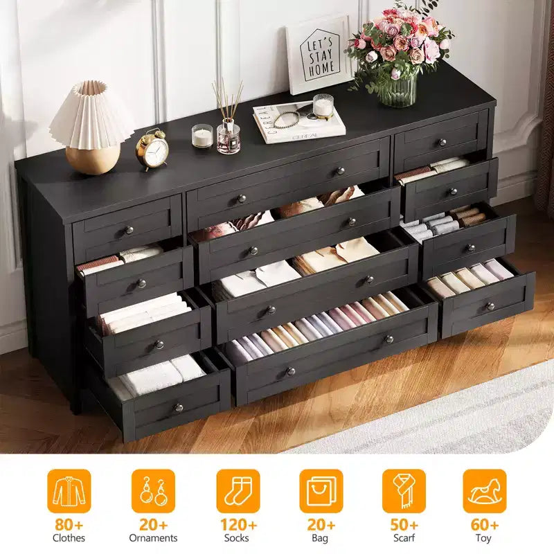 Commodes en bois durables à 12 tiroirs, commode moderne pour chambre à coucher, salon ou couloir, meuble TV de 63 W pour téléviseurs jusqu'à 65 pouces