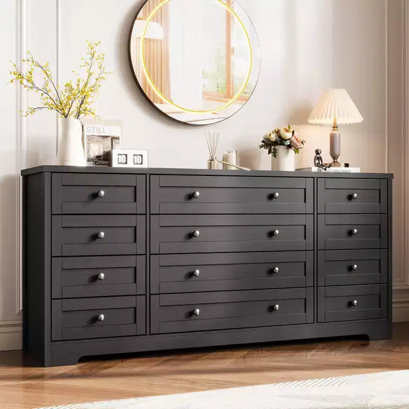 Durable Wood Dressers with 12 Drawers, Modern Chest of Drawers for Bedroom, Living Room, or Hallway, 63 W TV Stand Fits Up to 65 TV