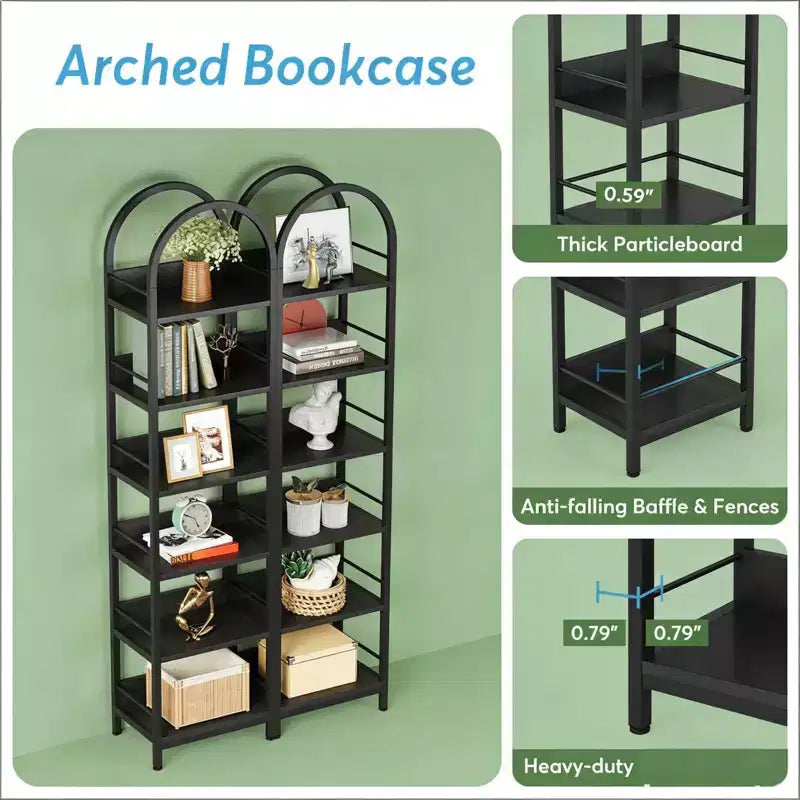 Étagère d'angle arquée NAYSAYE 6 niveaux en métal et bois, présentoir de rangement compact pour salon et bureau, noir, 17,34*11,82*78,8