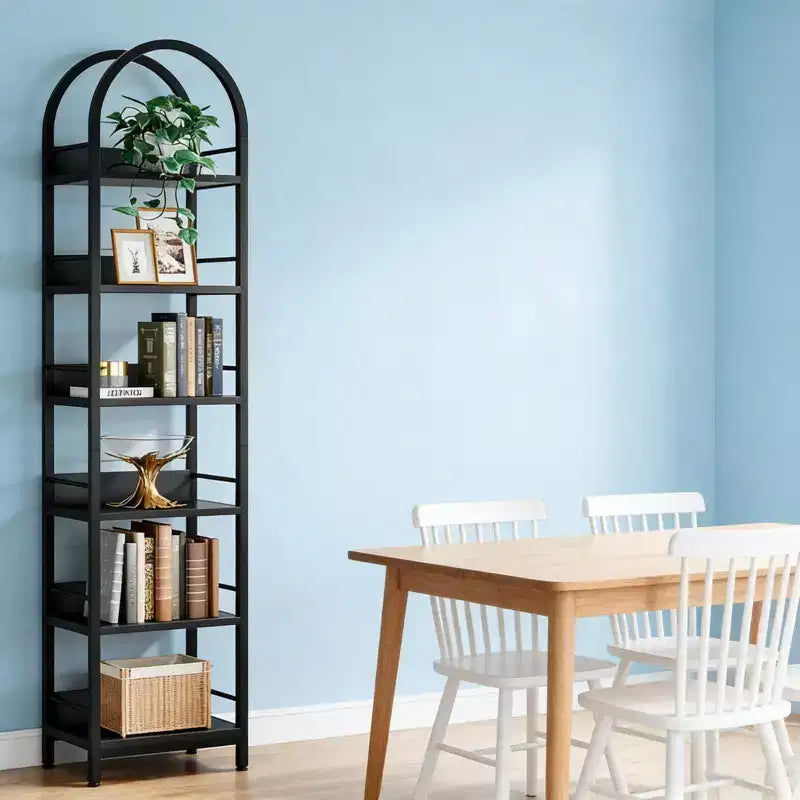 Étagère d'angle arquée NAYSAYE 6 niveaux en métal et bois, présentoir de rangement compact pour salon et bureau, noir, 17,34*11,82*78,8