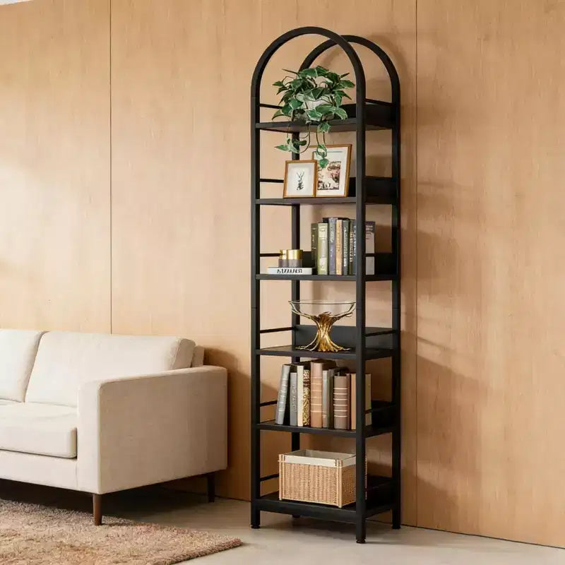 Étagère d'angle arquée NAYSAYE 6 niveaux en métal et bois, présentoir de rangement compact pour salon et bureau, noir, 17,34*11,82*78,8