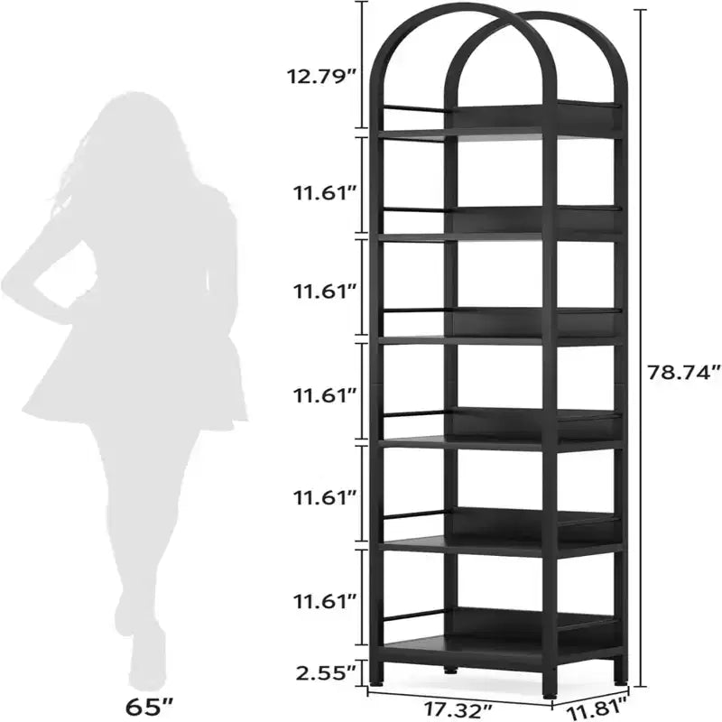 Étagère d'angle arquée NAYSAYE 6 niveaux en métal et bois, présentoir de rangement compact pour salon et bureau, noir, 17,34*11,82*78,8