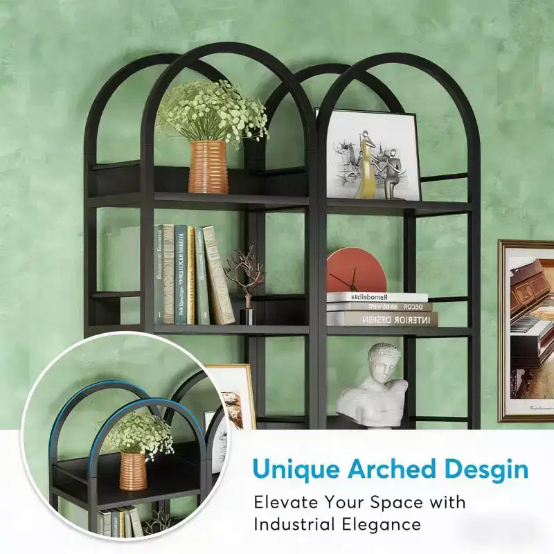 Étagère d'angle arquée NAYSAYE 6 niveaux en métal et bois, présentoir de rangement compact pour salon et bureau, noir, 17,34*11,82*78,8