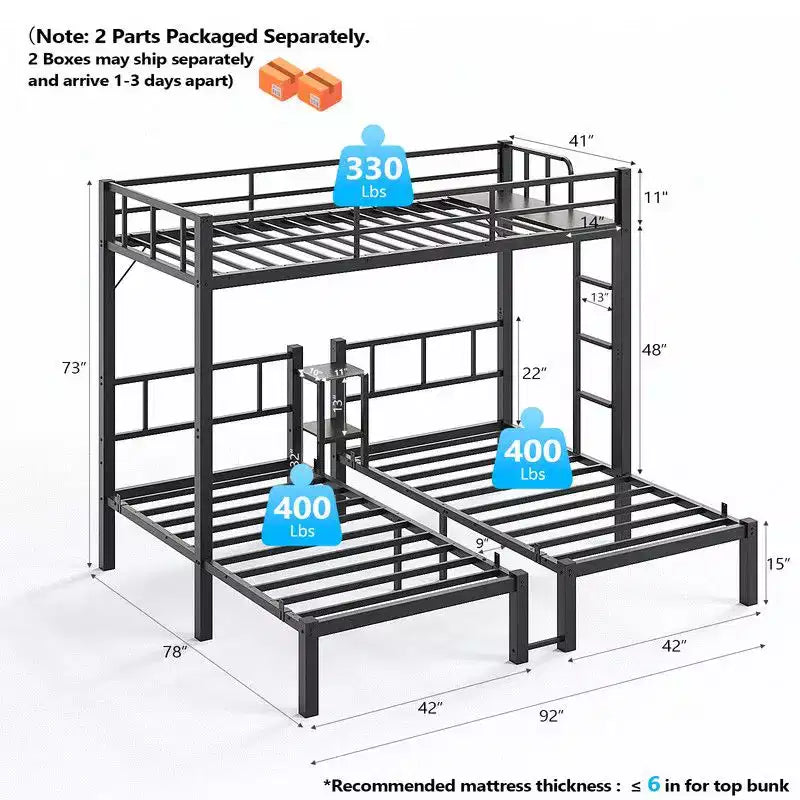 Lit superposé triple en métal Karl Home, lits jumeaux superposés, 3 lits superposés avec étagères pour enfants, adolescents et adultes, robuste, noir