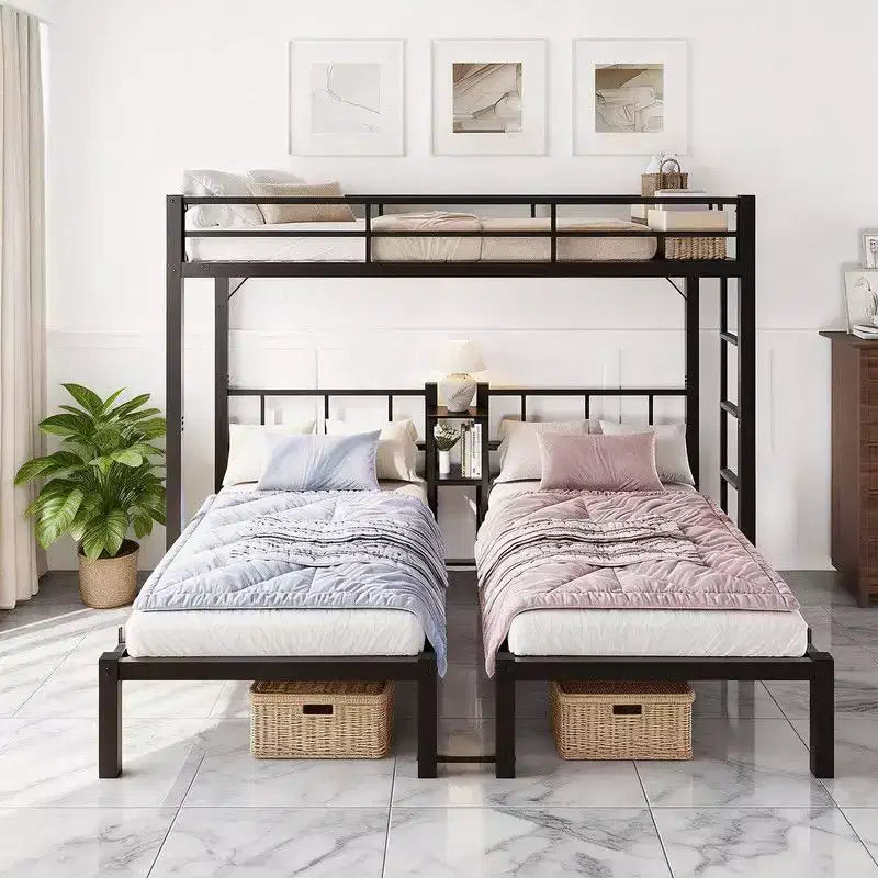 Lit superposé triple en métal Karl Home, lits jumeaux superposés, 3 lits superposés avec étagères pour enfants, adolescents et adultes, robuste, noir