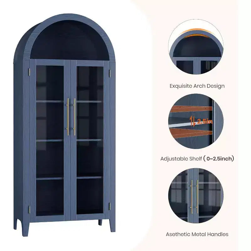 Meuble de rangement arqué de style ferme, étagère d'exposition à 5 niveaux, 2 portes vitrées, étagère réglable, armoire polyvalente pour cuisine, salle à manger, salon