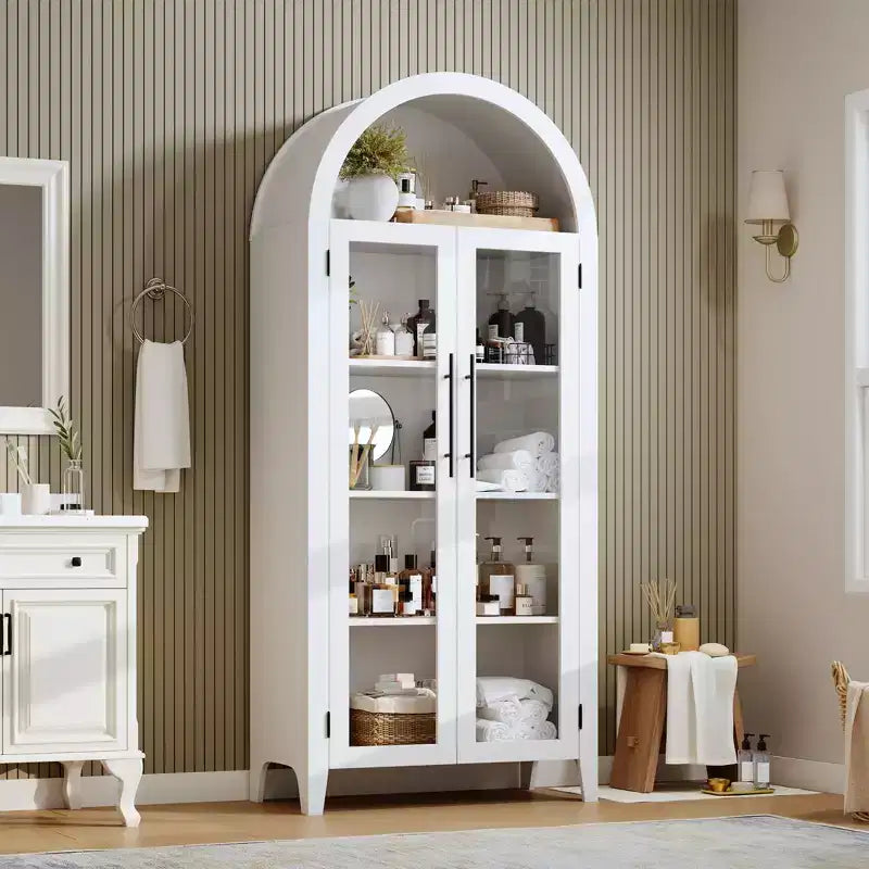 Meuble de rangement arqué de style ferme, étagère d'exposition à 5 niveaux, 2 portes vitrées, étagère réglable, armoire polyvalente pour cuisine, salle à manger, salon