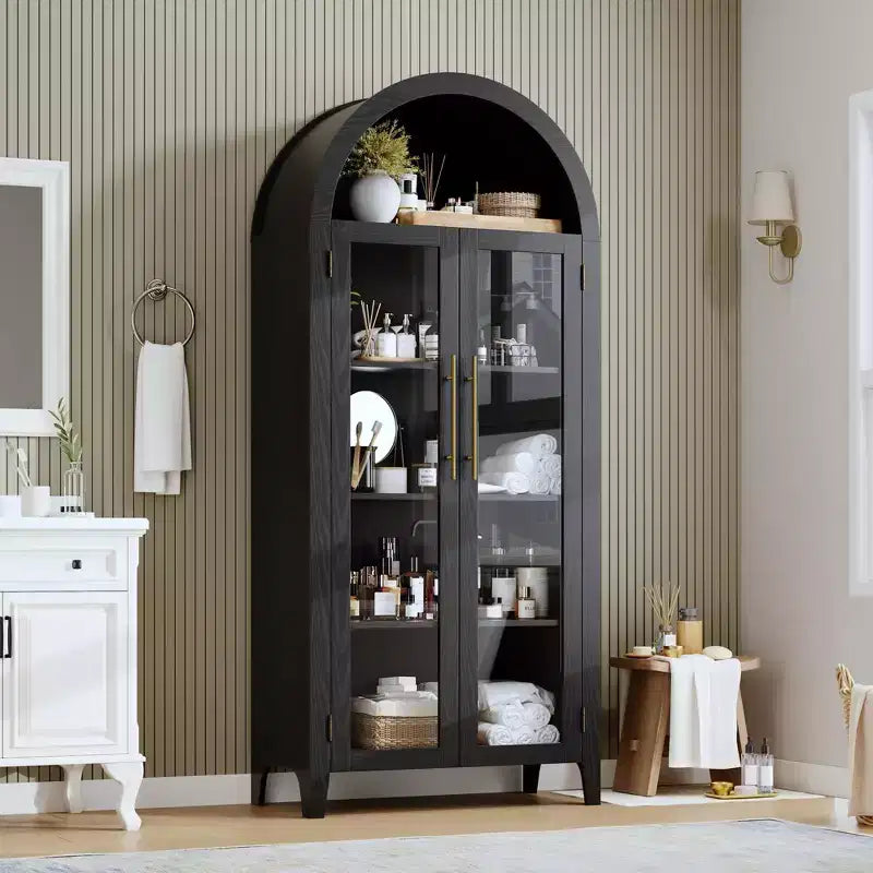 Meuble de rangement arqué de style ferme, étagère d'exposition à 5 niveaux, 2 portes vitrées, étagère réglable, armoire polyvalente pour cuisine, salle à manger, salon