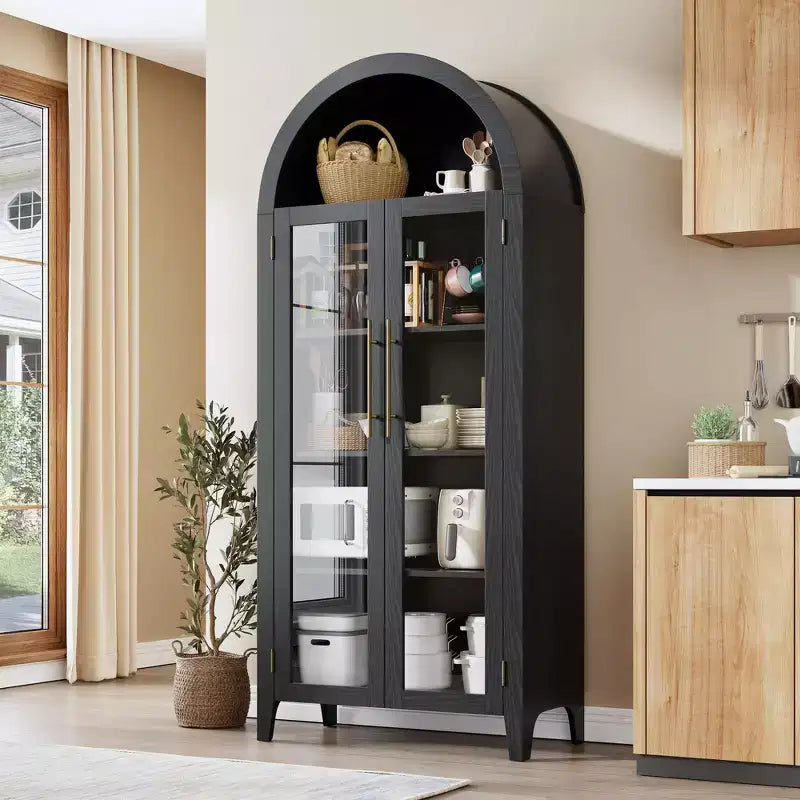 Farmhouse Arched Storage Cabinet, 5-Tier Display Shelf, 2 Glass Doors, Adjustable Shelf, Versatile Cupboard for Kitchen, Dining Room, Living Room