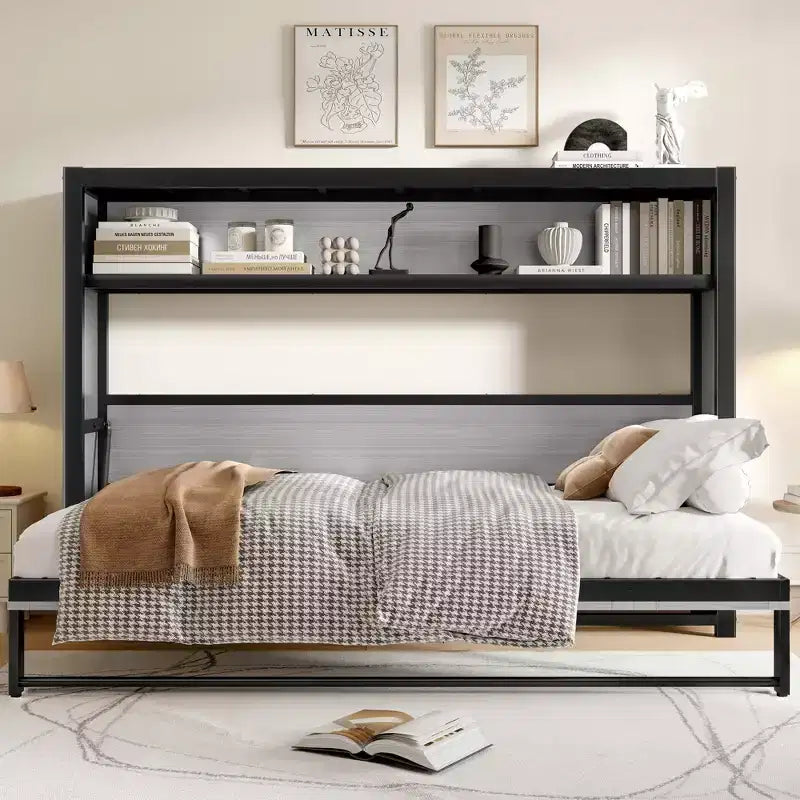 Lit escamotable double avec étagères, lit mural en métal avec design pliable pour petits espaces