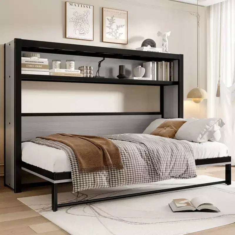Twin Size Murphy Bed with Shelves, Metal Wall Bed with Foldable Design for Small Space