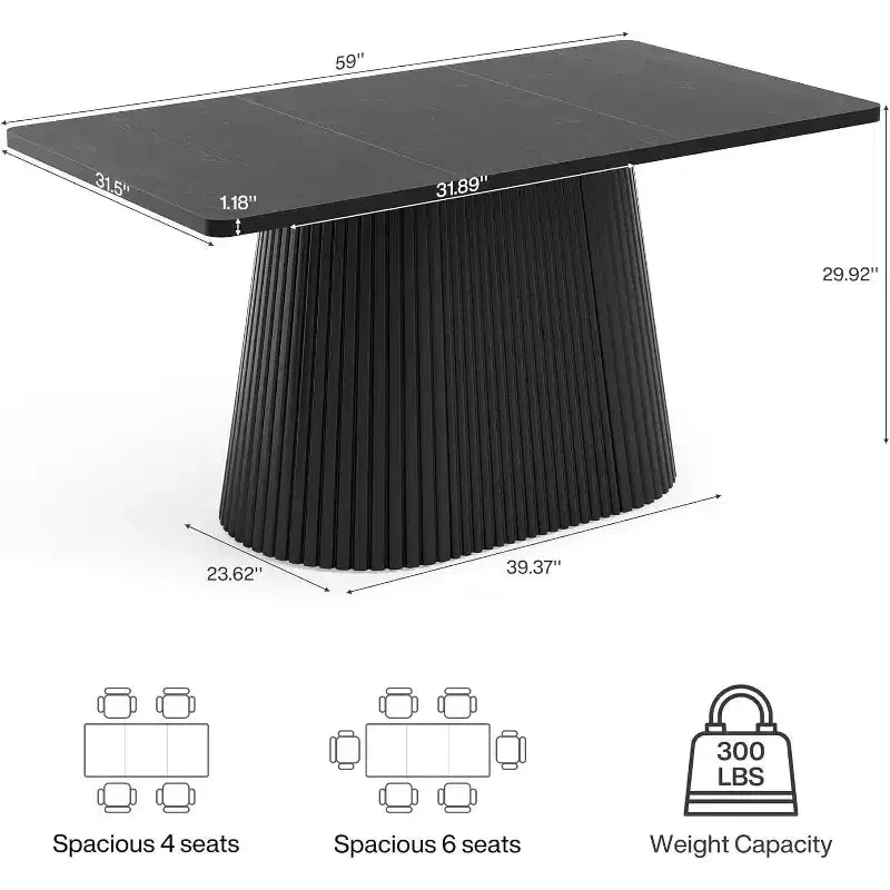 Table à manger de style rustique Lantine de 150 cm pour 4 à 6 personnes, table de cuisine rectangulaire avec base en métal pour salle à manger, cuisine, salon, noire