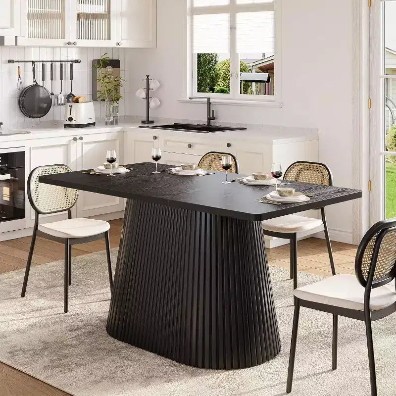 Table à manger de style rustique Lantine de 150 cm pour 4 à 6 personnes, table de cuisine rectangulaire avec base en métal pour salle à manger, cuisine, salon, noire