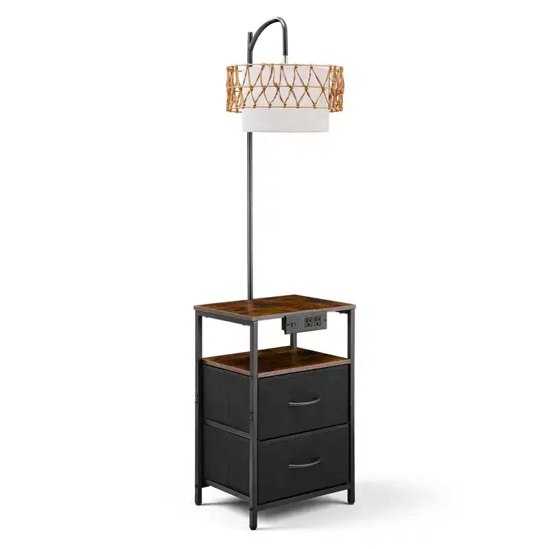 VEVOR Floor Lamp with Table, 2-Tier End Table with 2 Drawers and 3 Color Temperature LED Bulb,Modern Side Nightstand Bedside Desk with USB,Brown&Black