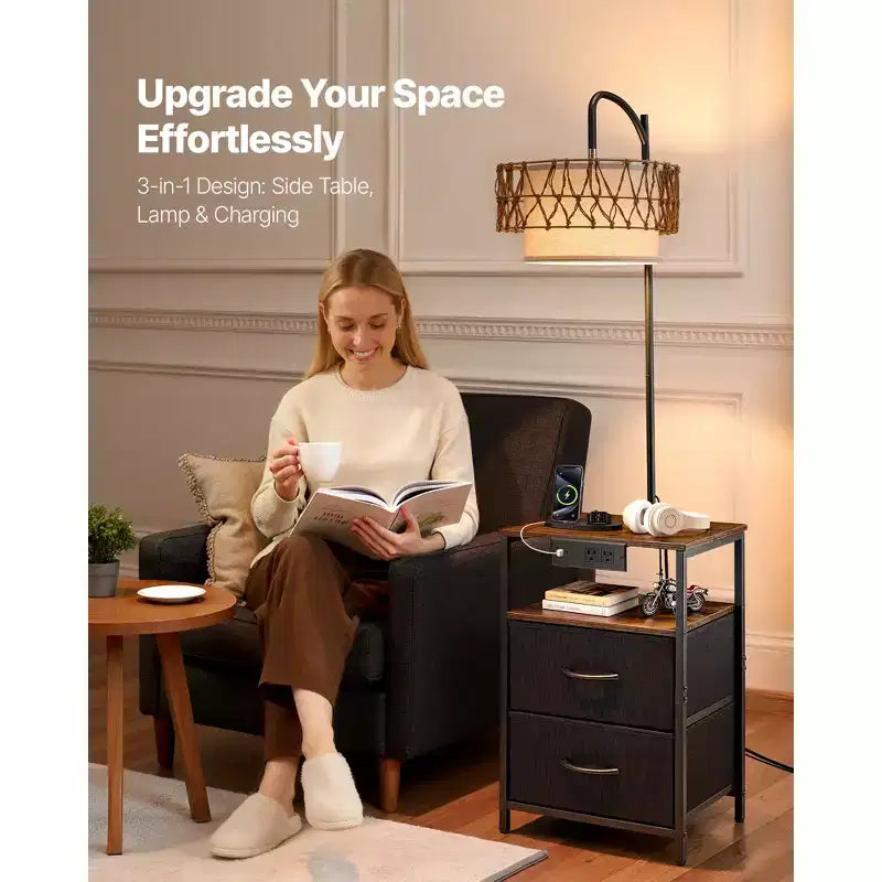 Lampadaire VEVOR avec Table, Table d'Appoint à 2 Niveaux avec 2 Tiroirs et Ampoule LED à 3 Températures de Couleur, Table de Chevet/Bureau Latérale Moderne avec USB, Marron et Noir