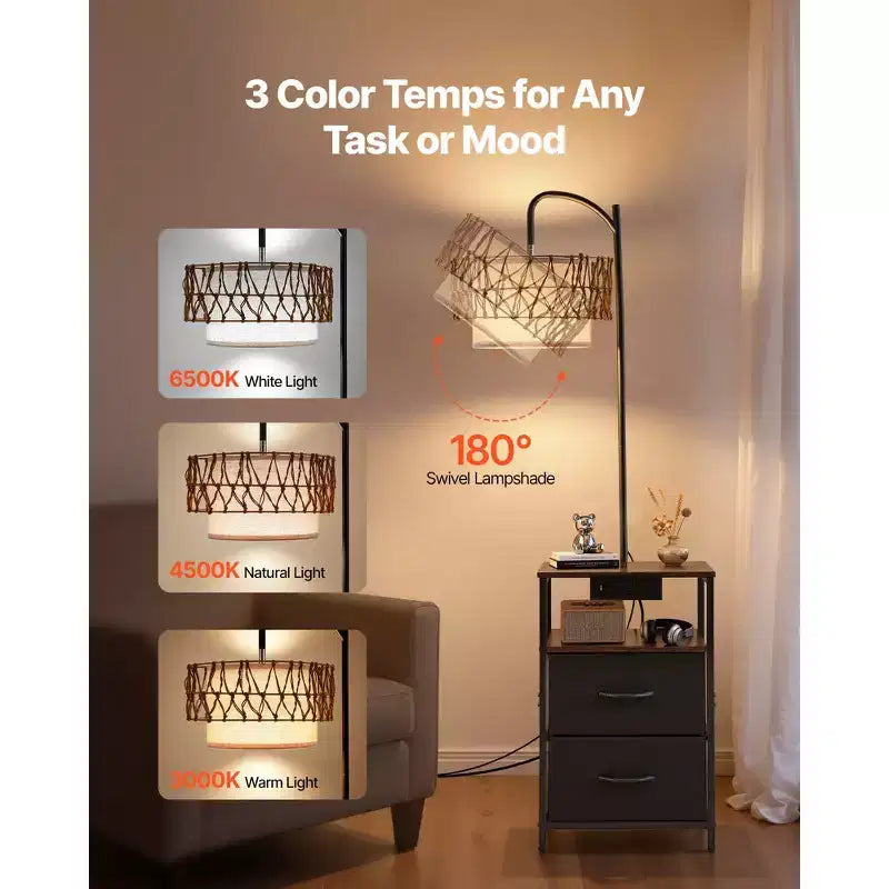 Lampadaire VEVOR avec Table, Table d'Appoint à 2 Niveaux avec 2 Tiroirs et Ampoule LED à 3 Températures de Couleur, Table de Chevet/Bureau Latérale Moderne avec USB, Marron et Noir