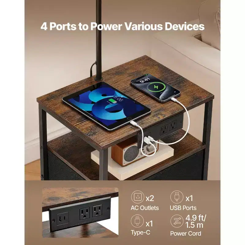 Lampadaire VEVOR avec Table, Table d'Appoint à 2 Niveaux avec 2 Tiroirs et Ampoule LED à 3 Températures de Couleur, Table de Chevet/Bureau Latérale Moderne avec USB, Marron et Noir