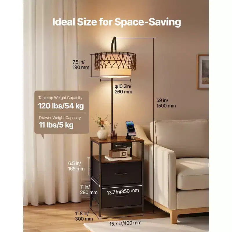 Lampadaire VEVOR avec Table, Table d'Appoint à 2 Niveaux avec 2 Tiroirs et Ampoule LED à 3 Températures de Couleur, Table de Chevet/Bureau Latérale Moderne avec USB, Marron et Noir