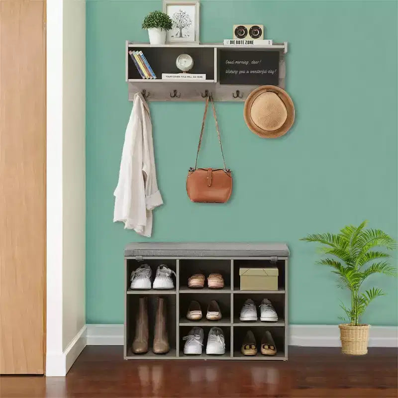 Porte-manteau d'entrée 6 en 1 de 80 cm avec banc à chaussures, 5 crochets et 9 casiers de rangement, étagère et tableau noir