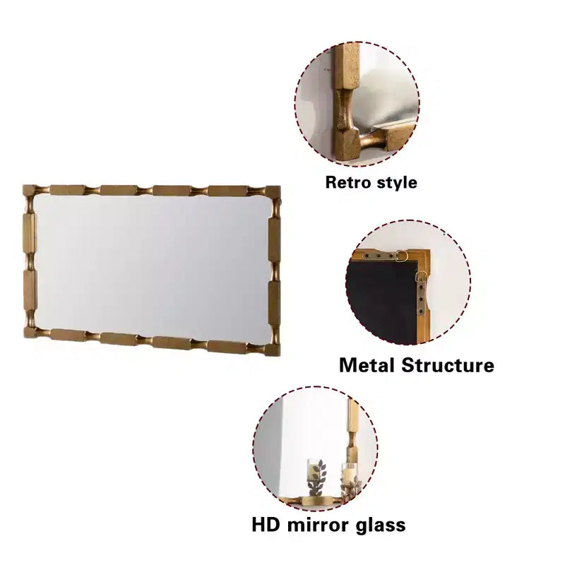 Miroir mural rectangulaire doré de style bambou avec cadre texturé pour la décoration intérieure