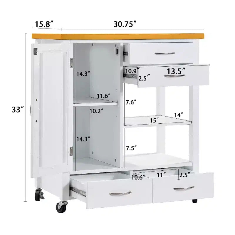 Dessert de cuisine avec plateau en noyer, tiroirs et roulettes pour un rangement modulable