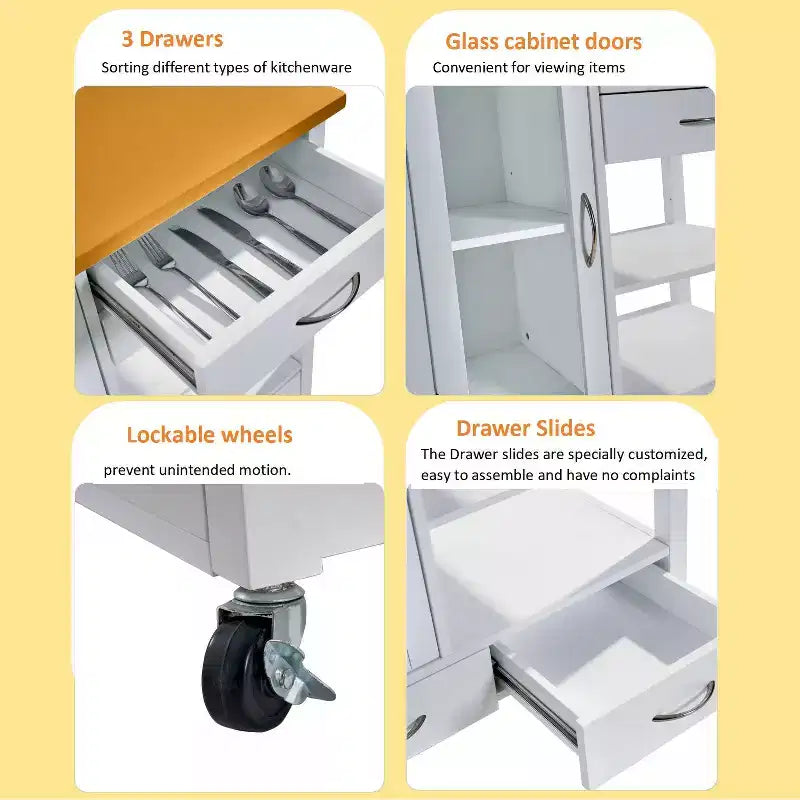Dessert de cuisine avec plateau en noyer, tiroirs et roulettes pour un rangement modulable